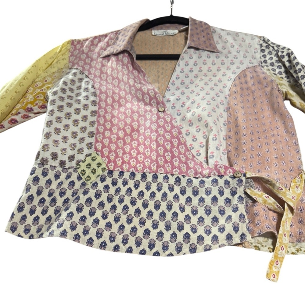 Sacred Threads Floral Patchwork Wrap Top Y2K 100%… - image 6